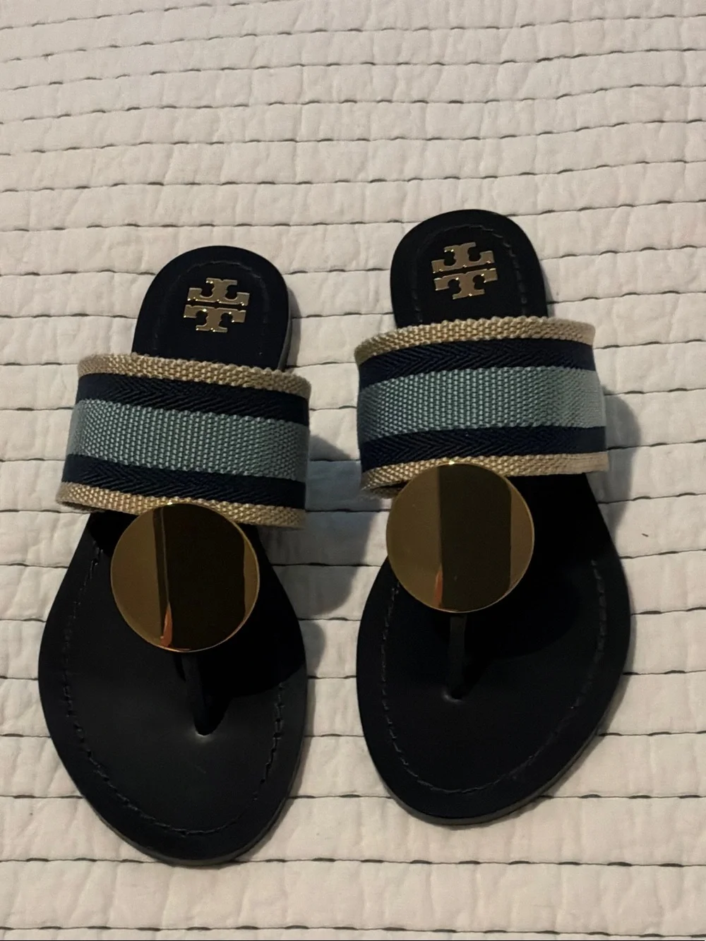 Tory Burch Navy and Light Blue Striped Miller Thong Sandals with Gold Disc